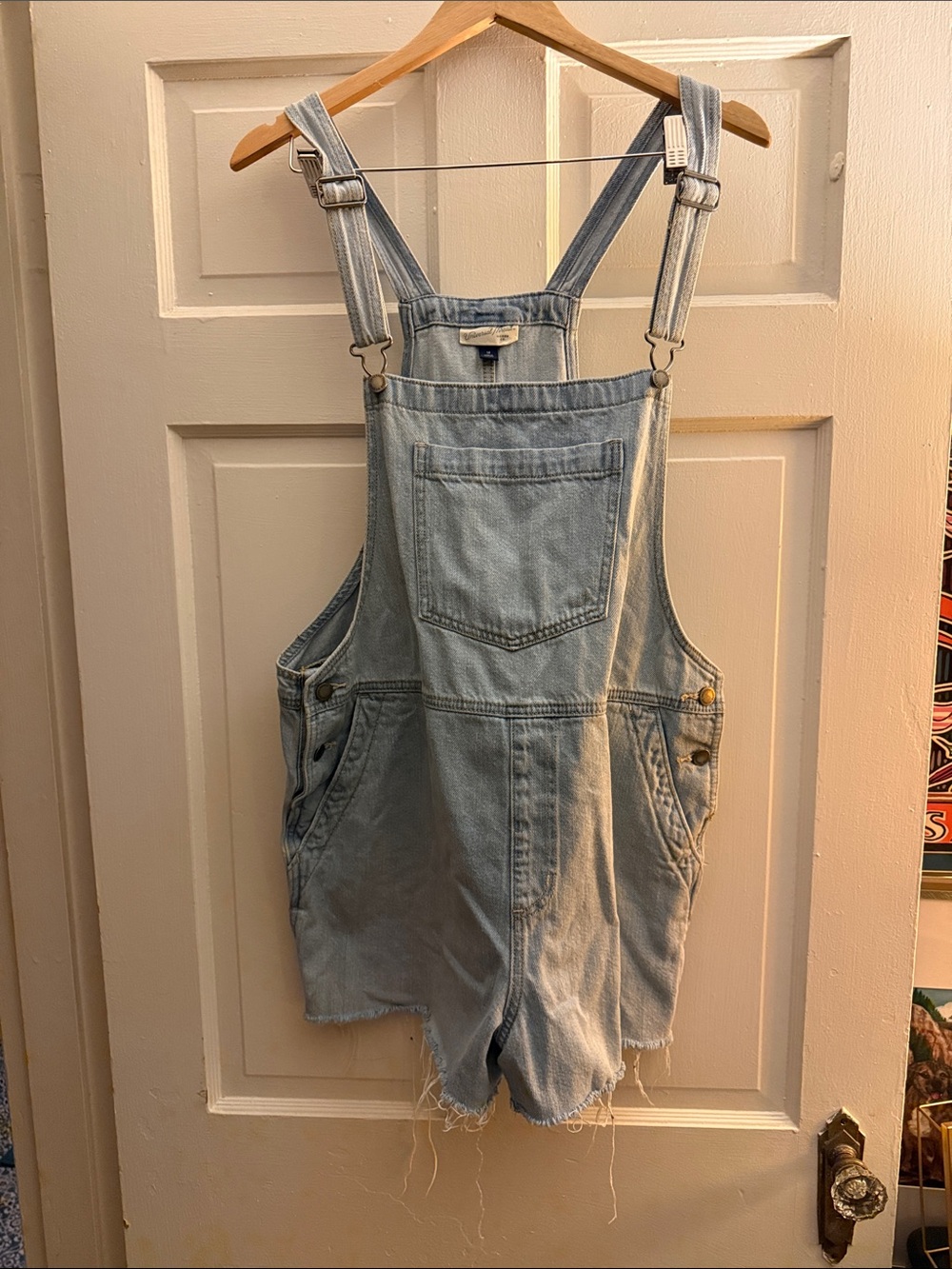 Universal Thread Light Blue Denim Short Overalls with Frayed Hem